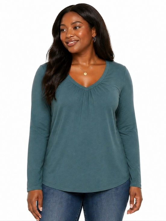LOFT Tops - LOFT Teal-Blue Gathered V-Neck Long Sleeve Top Size XL